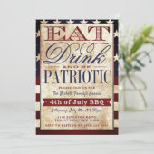Essen, trinken & Patriotisch Vintag 4. Juli Einladung (Stehend Vorderseite)