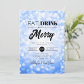 Essen, trinken Sie Merry Blue Bokeh Urlaub Weihnac Einladung (Stehend Vorderseite)