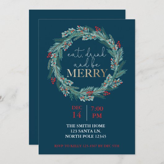Essen, trinken und frohe Weihnachten Party Potluck Einladung (Vorne/Hinten)