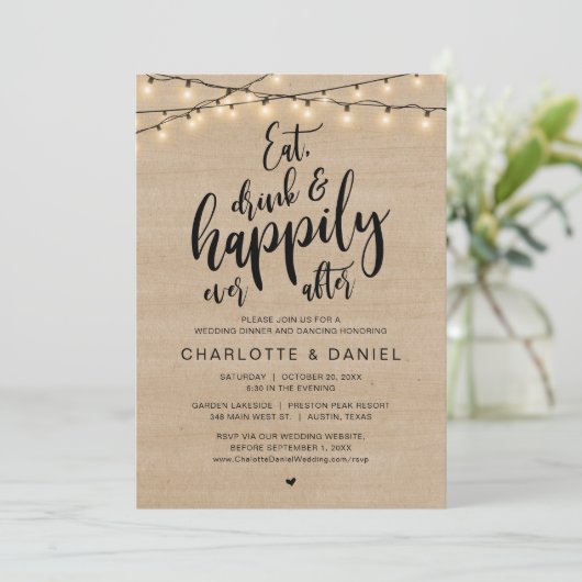 Essen, trinken und glücklich immer nach, Hochzeits Einladung (Stehend Vorderseite)