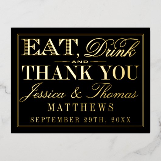 Essen, trinken und Verheiratet Hochzeit sein Viele Folie Einladungspostkarte (Vorderseite)