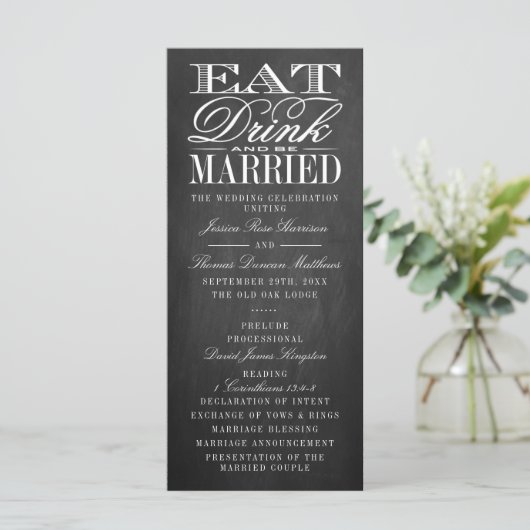 Essen, trinken und Verheiratet sein Chalkboard Hoc Programm (Stehend Vorderseite)