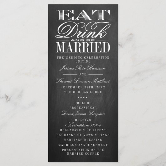Essen, trinken und Verheiratet sein Chalkboard Hoc Programm (Vorderseite)