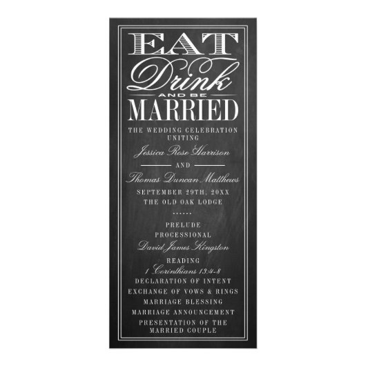 Essen, trinken und Verheiratet sein Chalkboard Hoc Werbekarte (Vorne)