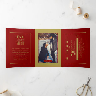 Essen, trinken und Verheiratet sein Red & Gold Wed Dreifach Gefaltete Einladung