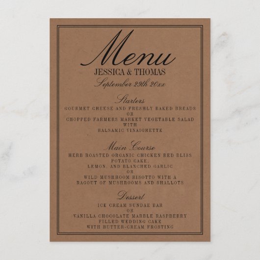 Essen, trinken und Verheiratet sein, rustikale Hoc Menükarte (Rückseite)