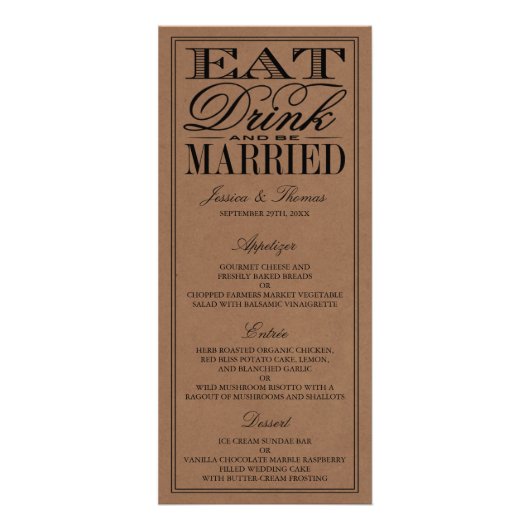 Essen, trinken und Verheiratet sein rustikales Hoc Werbekarte (Vorne)