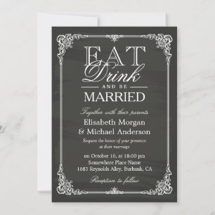 ESSEN Trinken und Verheiratet sein Vintage-Schiefe Einladung