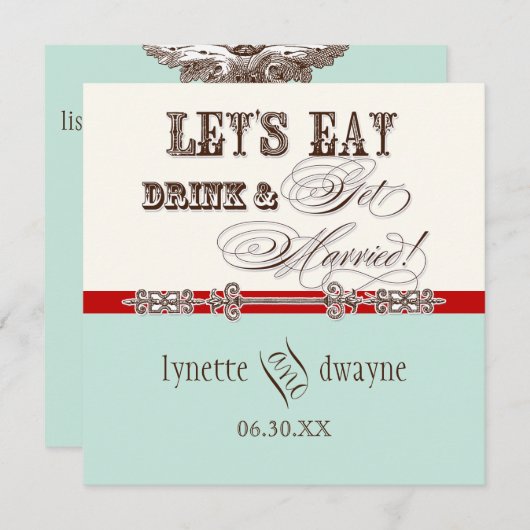 Essen, trinken und Verheiratete Script-Hochzeit ei Einladung (Vorne/Hinten)