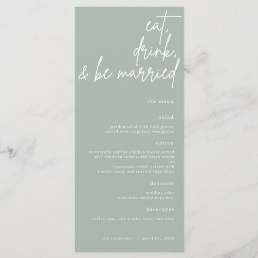 Essen, trinken und Verheiratete Skriptpresse Menükarte (Vorderseite)