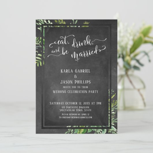 Essen, trinken & Verheiratete Natur & Chalkboard Einladung (Stehend Vorderseite)