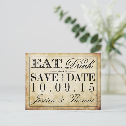 Essen, trinken & Verheiratete Vintage Hochzeit Ankündigungspostkarte (Stehend Vorderseite)