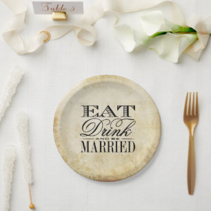 Essen, trinken & Verheiratete Vintage Hochzeit Pappteller