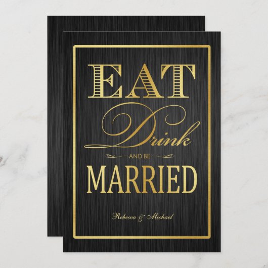 Essen und Verheiratet sein - Schwarz und Gold Einladung (Vorne/Hinten)