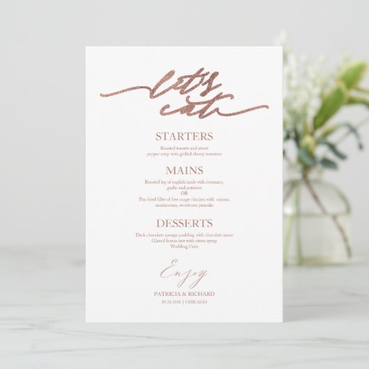 Essen wir schicke Script Wedding Menu Card für Pla Menükarte (Stehend Vorderseite)