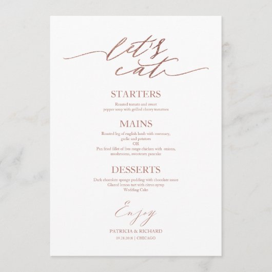 Essen wir schicke Script Wedding Menu Card für Pla Menükarte (Vorderseite)