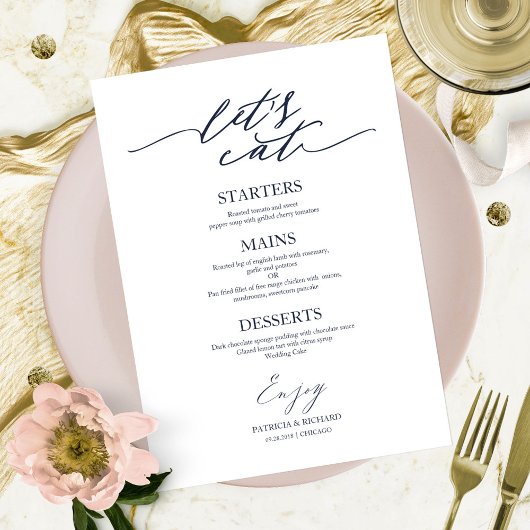 Essen wir schicke Script Wedding Menu Card für Pla Menükarte