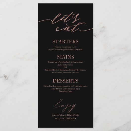 Essen wir schicke Script Wedding Menu Card für Pla Menükarte (Vorderseite)