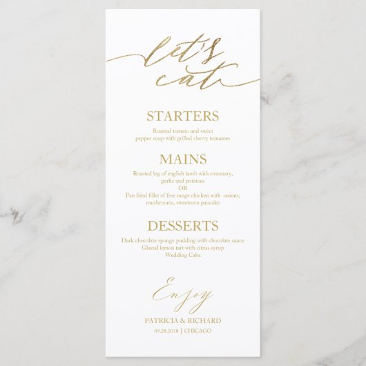 Essen wir schicke Script Wedding Menu Card für Pla Menükarte (Vorderseite)