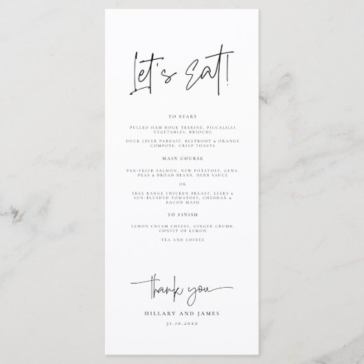 Essen wir Whimsikkalligraphie Moderne Hochzeit Menükarte (Vorderseite)