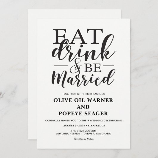 Essensgetränk und Verheiratete Hochzeitseinladung Einladung (Vorne/Hinten)