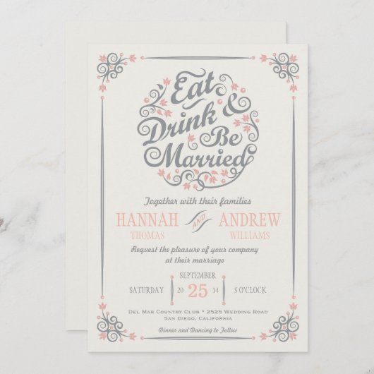 Essensgetränk und Verheiratete Hochzeitseinladung Einladung (Vorne/Hinten)
