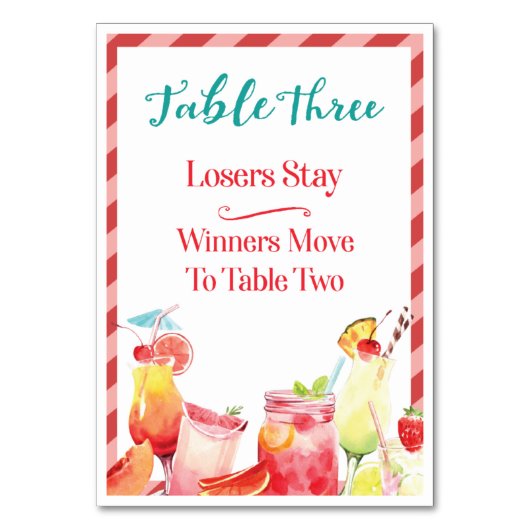 Essensgetränke Tischkarte Drei Bunco Tischnummer (Vorderseite)