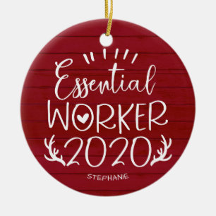 Essential Worker 2020 Covid Christmas Red Wood Keramik Ornament