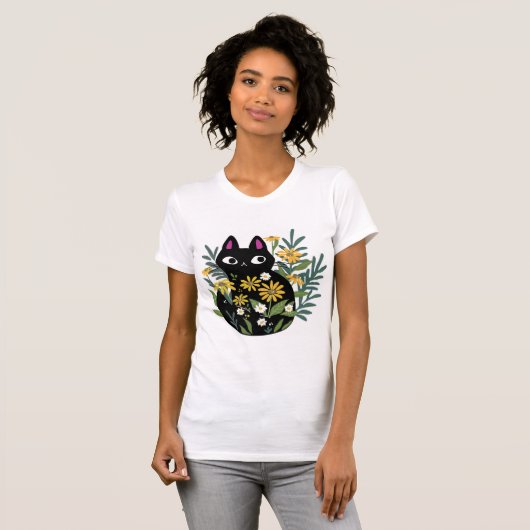 Essenzieller T - Shirt, Schwarze Katze mit Blume D T-Shirt (Vorne ganz)