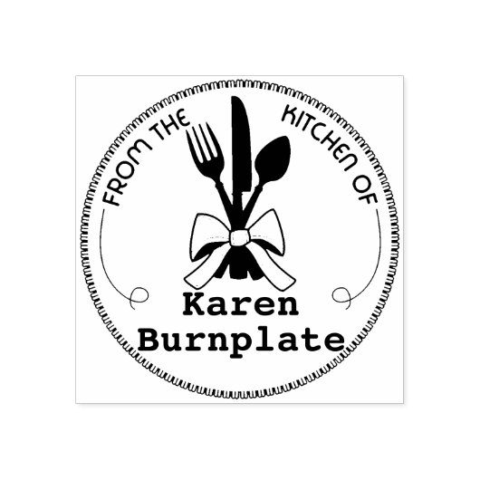 Essgeräte beugen sich kulinarisch aus der Küche vo Gummistempel (Prägung)