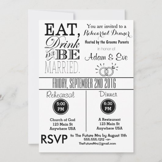 Essgetränk und Verheiratete Probe Abendessen Einla Einladung (Vorderseite)