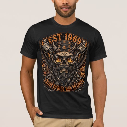 Est 1969 Bärtiger Totenkopf Biker T-Shirt (Vorderseite)