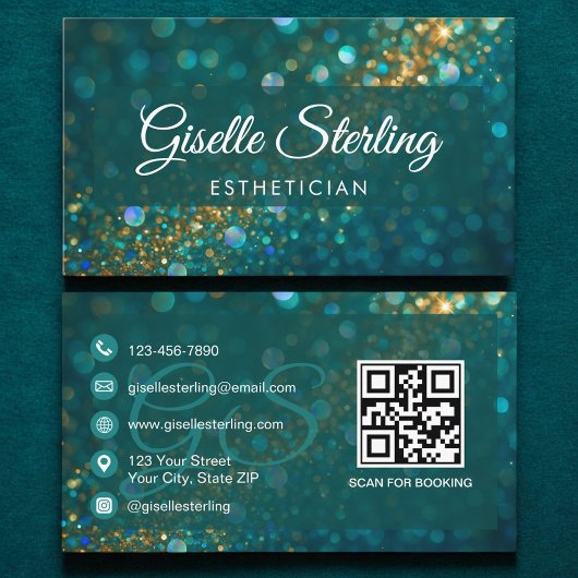 Esthetician Aquamarin Gold Glitzer QR Code Luxus Visitenkarte