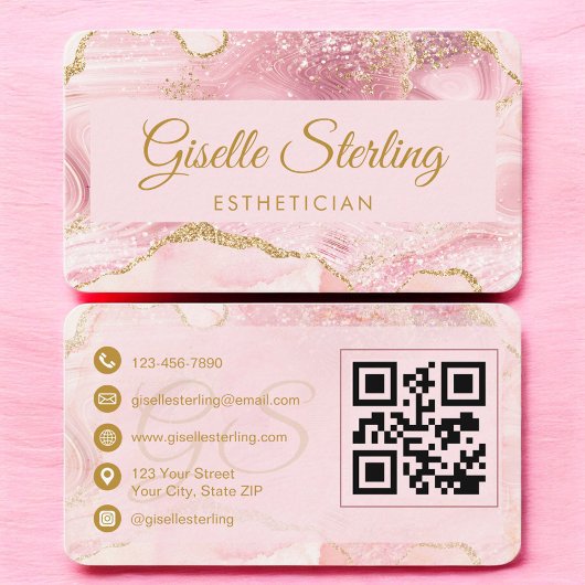 Esthetician Pink Gold Agate QR Code Visitenkarte