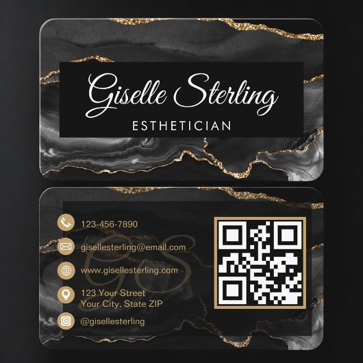 Esthetician QR Code Black Gold Agate Luxury Visitenkarte