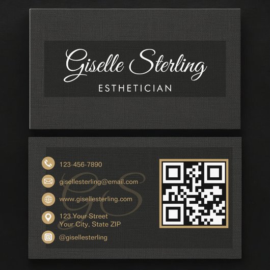 Esthetician QR Code Black Linen Luxury  Visitenkarte