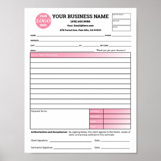 Estimate Quote Job Proposal Forms Contractor Green Poster (Vorne)