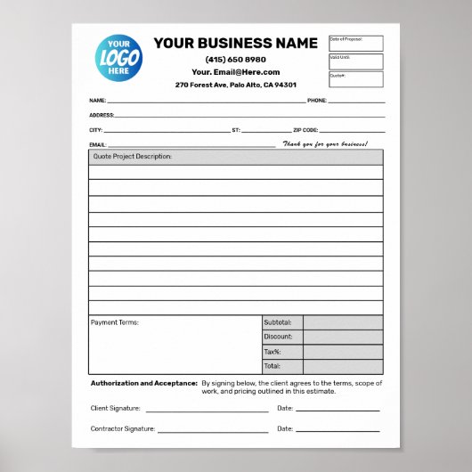 Estimate Quote Job Proposal Forms Contractor Poster (Vorne)
