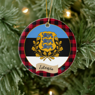 Estland, Roter Büffel kariert und Estnische Flagge Keramik Ornament