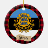 Estland, Roter Büffel kariert und Estnische Flagge Keramik Ornament (Hinten)