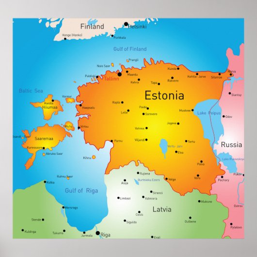 Estonia Map Baltic Country and Cities Poster (Vorne)