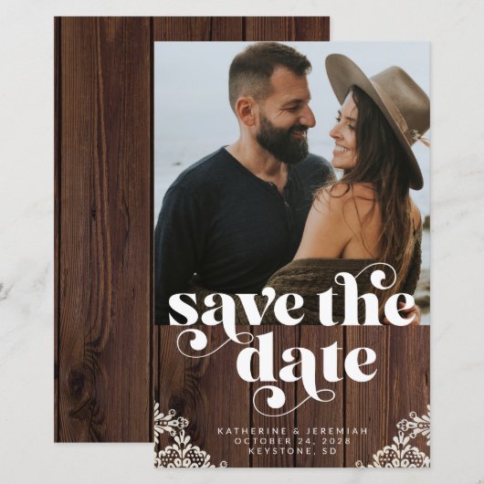 ETAT Rustikale Holz-Spitzen-Foto Save-the-Date-Kar (Vorne/Hinten)