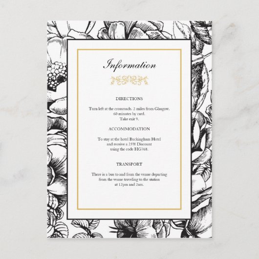 Etched Floral Black & Gold Wedding Info Postcard Postkarte (Vorderseite)