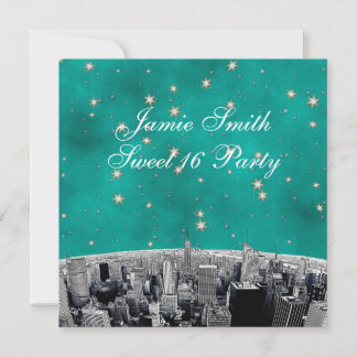 Etched NYC Skyline 2 Aquamarin Gold Star Sweet 16 Einladung
