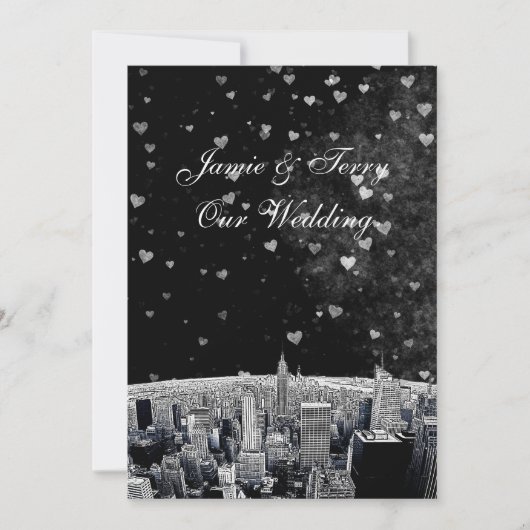 Etched NYC Skyline #2 Black Whart Heart Wedding Einladung (Vorderseite)
