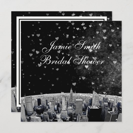 Etched NYC Skyline #2 Blk Whart Brautparty Einladung (Vorne/Hinten)