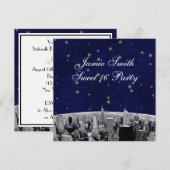 Etched NYC Skyline 2 Blue Gold Star Sweet 16 Party Einladung (Vorne/Hinten)