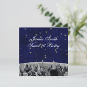 Etched NYC Skyline 2 Blue Gold Star Sweet 16 Party Einladung (Stehend Vorderseite)