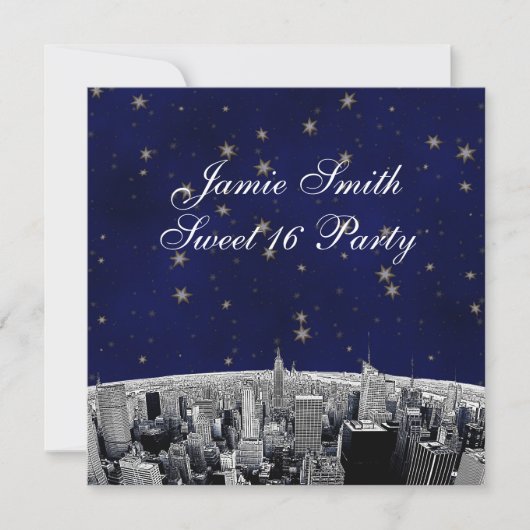 Etched NYC Skyline 2 Blue Gold Star Sweet 16 Party Einladung (Vorderseite)