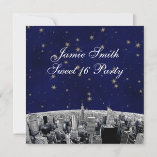 Etched NYC Skyline 2 Blue Gold Star Sweet 16 Party Einladung
